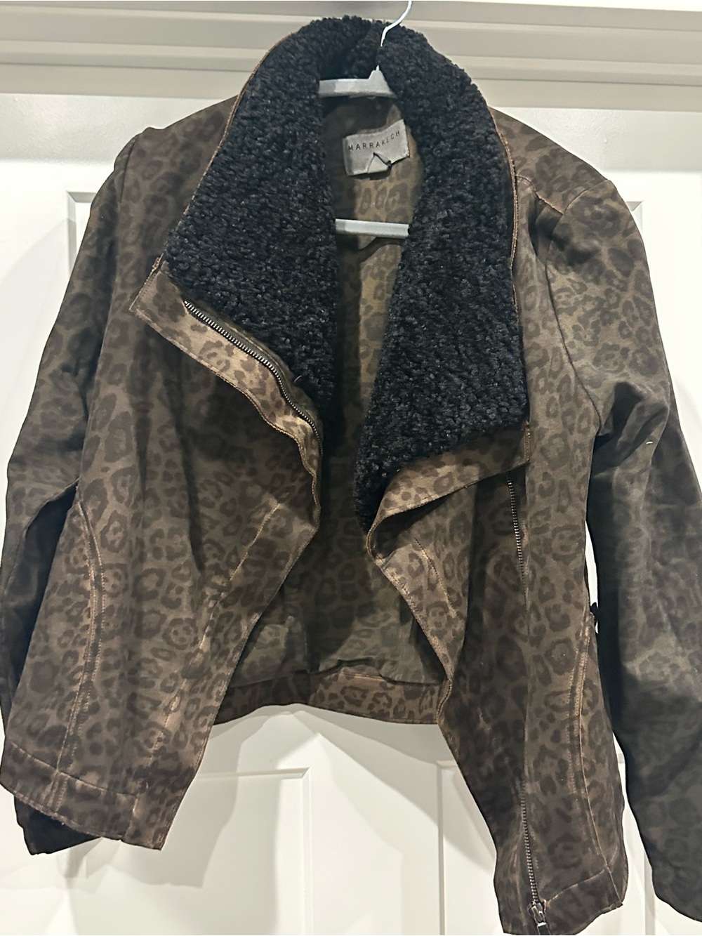 Brown Leopard Print Faux-Suede Jacket with Black Sherpa Collar